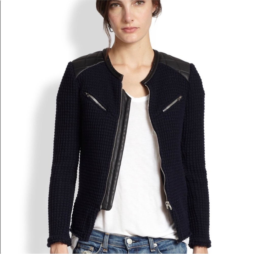 IRO Ceylona Waffle Knit Quilted Leather Navy Blue Jacket Women’s Sz 6 / 38 EU